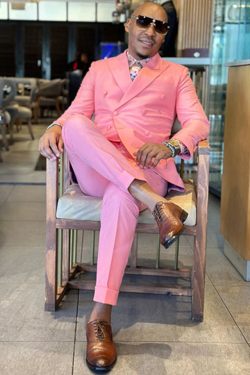 Chic Pink Double Breasted Bespoke Peak Lapel Prom Men Suit