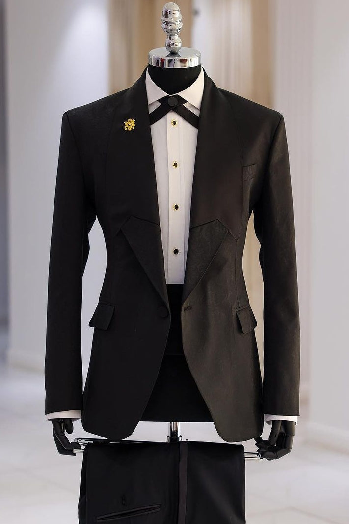Special Design Black Jacquard Prom Suit Spliced Inverted Lapel Business Suit