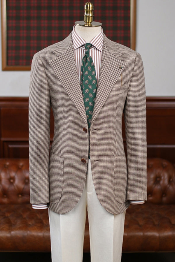 Chic Brown Houndstooth Tweed Men Suit with White Pants
