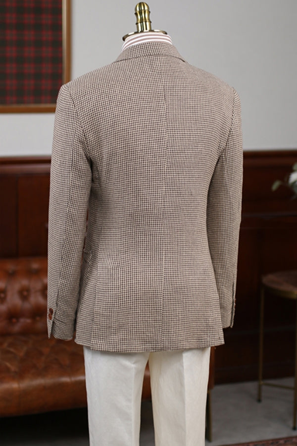 Chic Brown Houndstooth Tweed Men Suit with White Pants