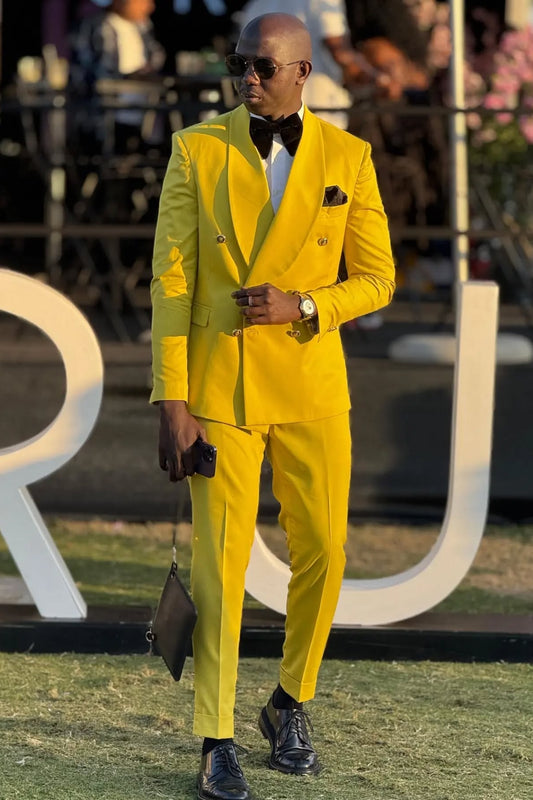 Hot Yellow Double Breasted Shawl Lapel Prom Suits