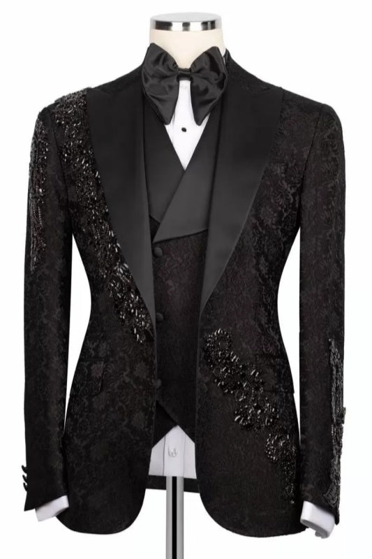 Black 3-Pieces Crystal Jacquard Wedding Groom Suits
