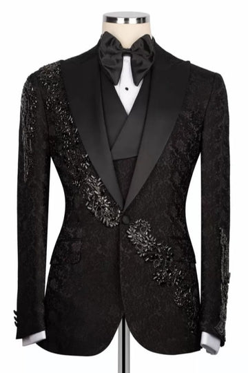 Black 3-Pieces Crystal Jacquard Wedding Groom Suits