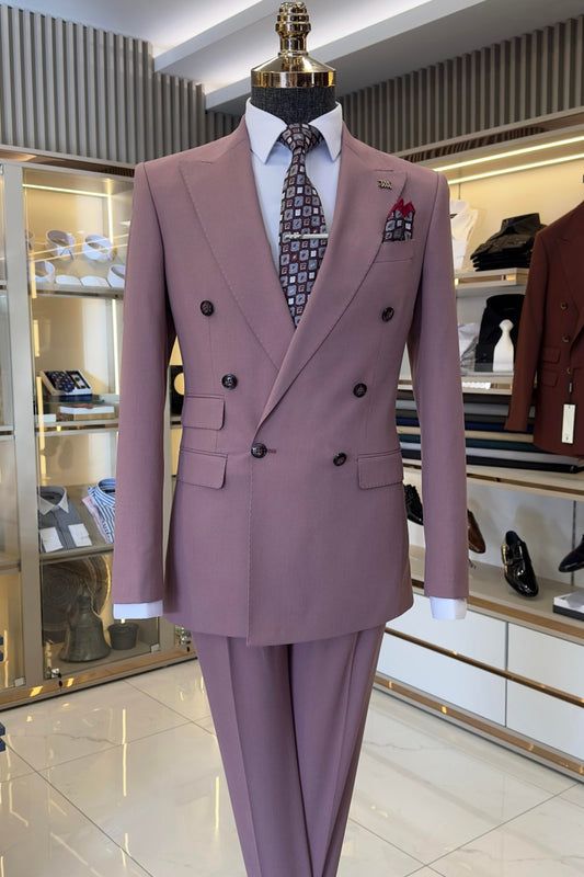 Dust Lilac 3 Flap Pockets Double Breasted Business Suit for Formal