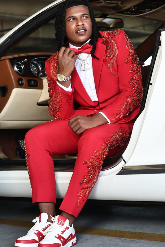 Luxurious Red Slim Fit Sparkling Crystals Beadings Prom Suit