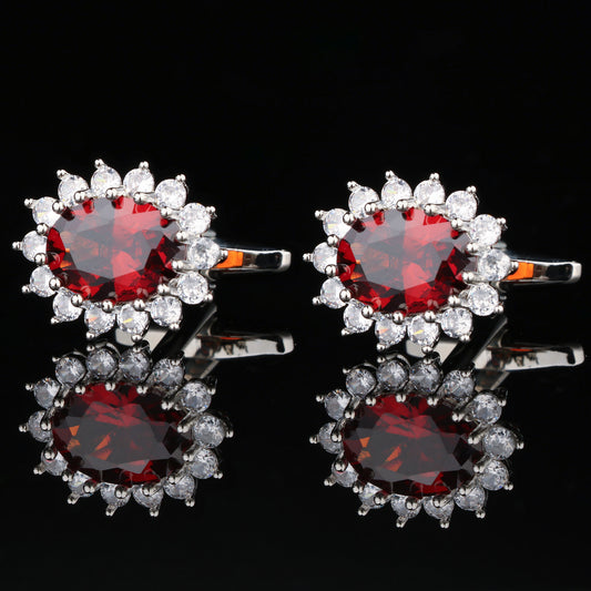 CTF0019 Oval Pomegranate Red Large Rhinestone Cufflinks