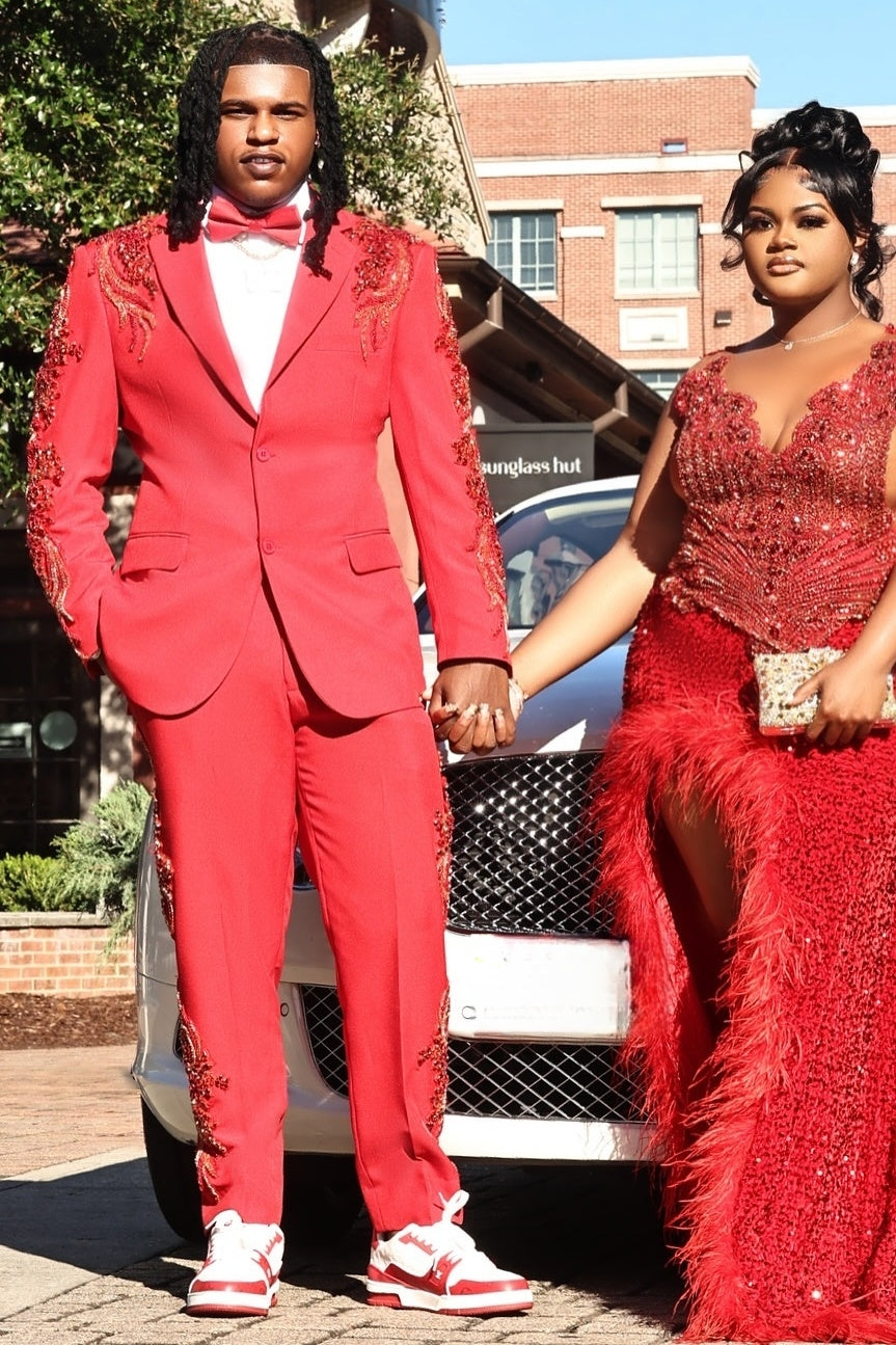 Luxurious Red Slim Fit Sparkling Crystals Beadings Prom Suit
