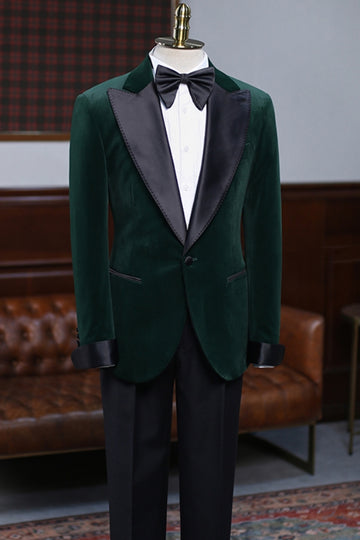 Dark Green Velvet One Button Prom Men Suit with Silk Lapel