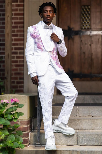 Fashionable Pink Flower Appliques 3 Piece White Jacquard Prom Suit