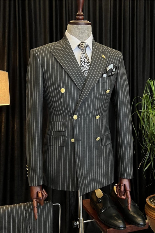Professional Pinstripe Dark Gray Double Breasted Men's Business Formal Suit