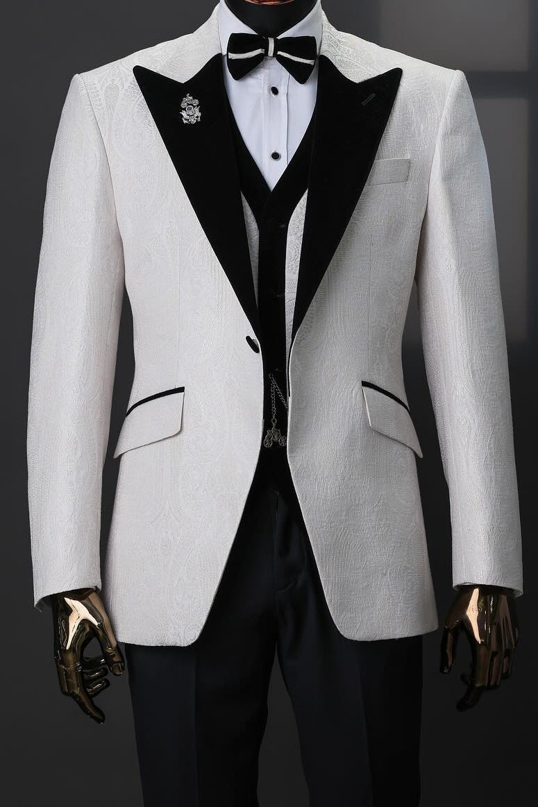 3 Piece White Jacquard Black Lapel Wedding Suit Tuxedo with Waistcoat
