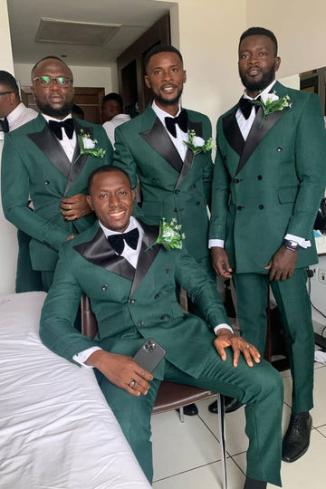 Dark Green Double Breasted Groomsmen Suits with Silk Lapel