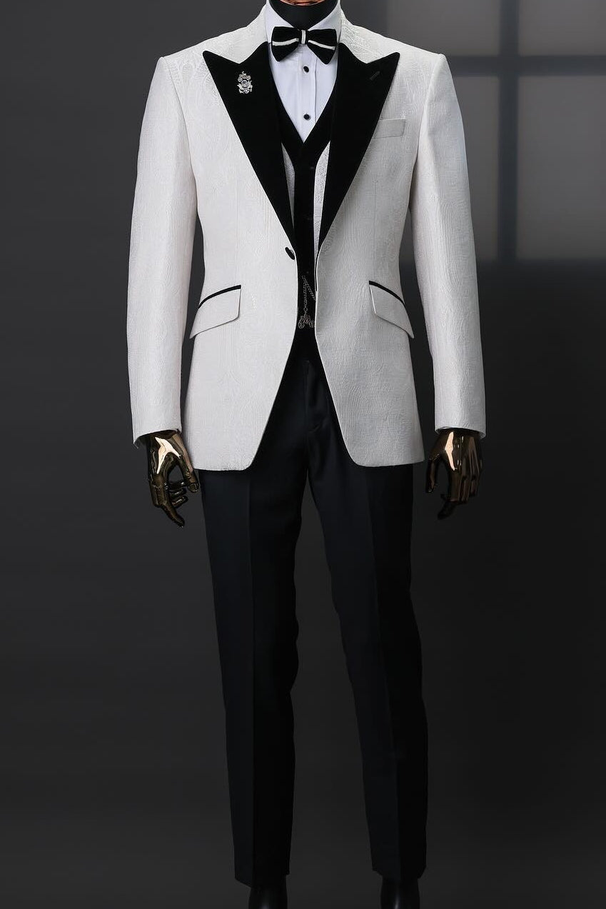 3 Piece White Jacquard Black Lapel Wedding Suit Tuxedo with Waistcoat