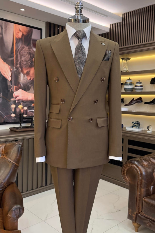 Well-Fitted Olive Green Double Breasted Formal Men's Suit Online