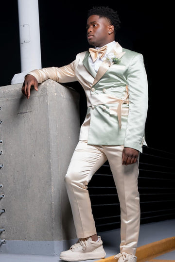 Shiny Double Breasted Color Blocking Men's Suit with Belt