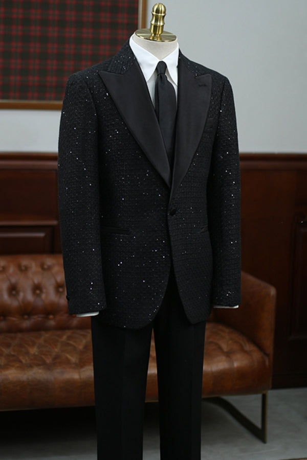 Cool Sparkly Black Sequined Suit with Peaked Lapels