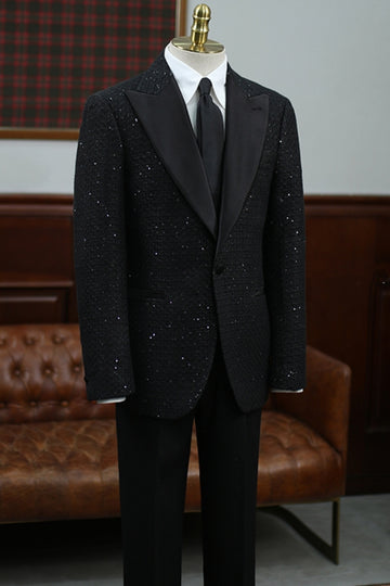 Cool Sparkly Black Sequined Suit with Peaked Lapels