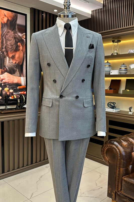 Tailor-Made Double Breasted Big Plaid Gray Men's Business Suit