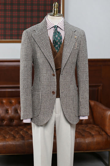 Coffee Houndstooth Plaid 3 Pieces Men Suit with Velvet Coat