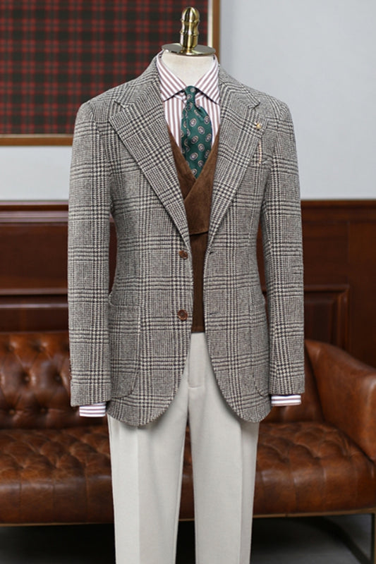 Coffee Houndstooth Plaid 3 Pieces Men Suit with Velvet Coat