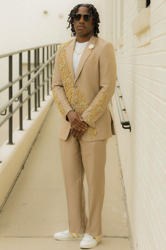 Elegant Peaked Lapel Gold Crystals Appliques Prom Suit