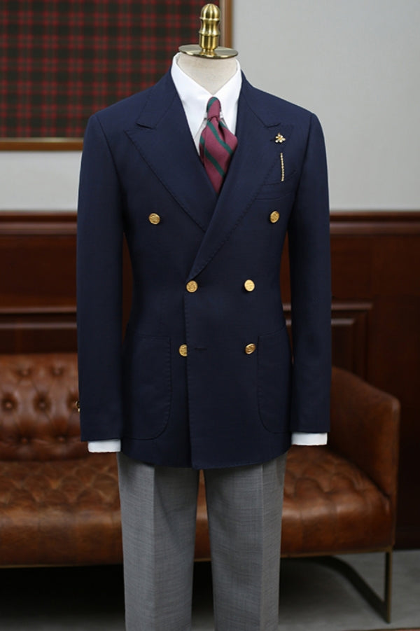 Dark Blue Double Breasted Slim Fit Fashion Men Suit