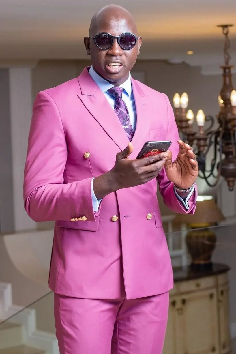 Fuchsia Double Breasted Slim Fit Prom Suits with Gold Buttons