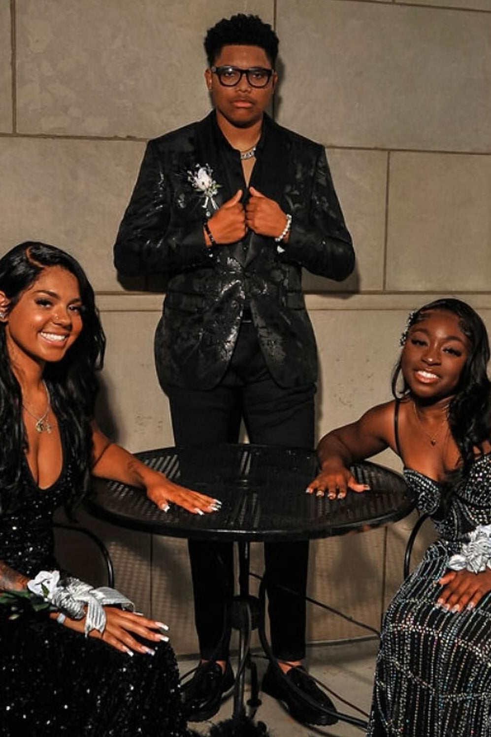 Shiny Black Jacquard Satin Lapel One Button Tailored Prom Suit