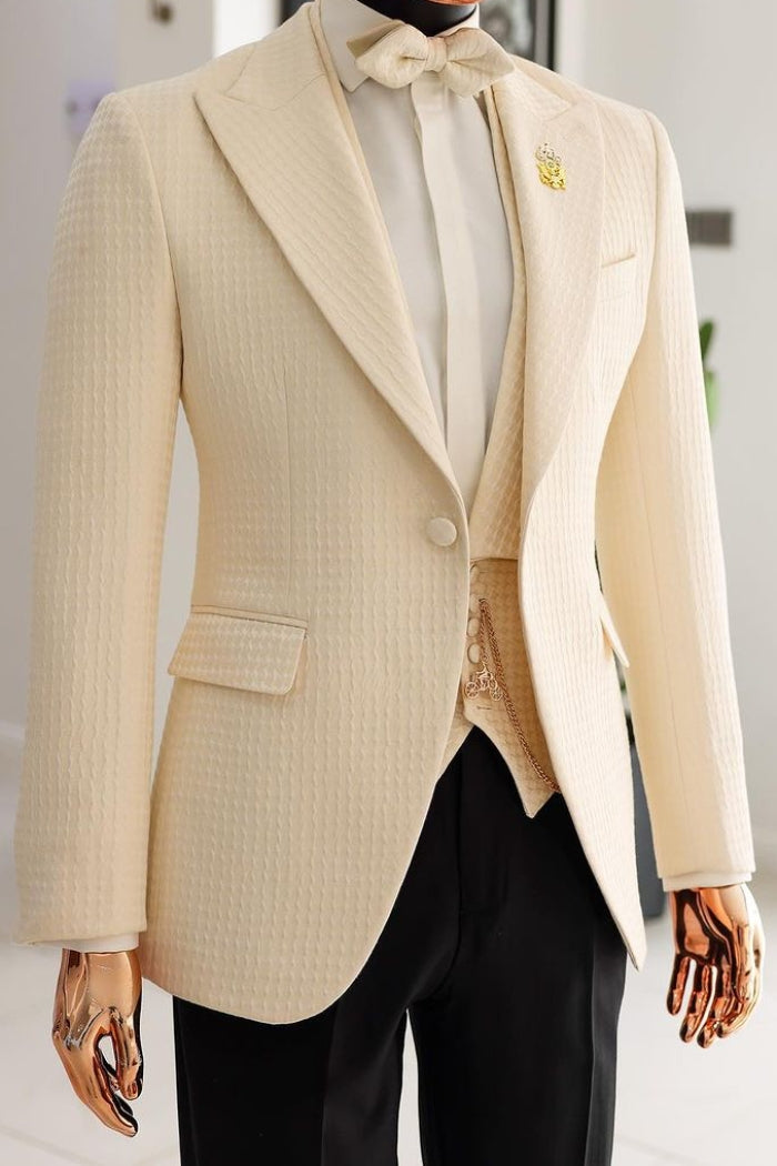 Gorgeous 3 Piece Champagne Waffle Plaid Men's Prom Wedding Suit