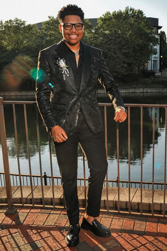 Shiny Black Jacquard Satin Lapel One Button Tailored Prom Suit