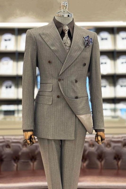 High Quality Double Breasted Gray Pinstripe 3 Flap Pockets Business Suit