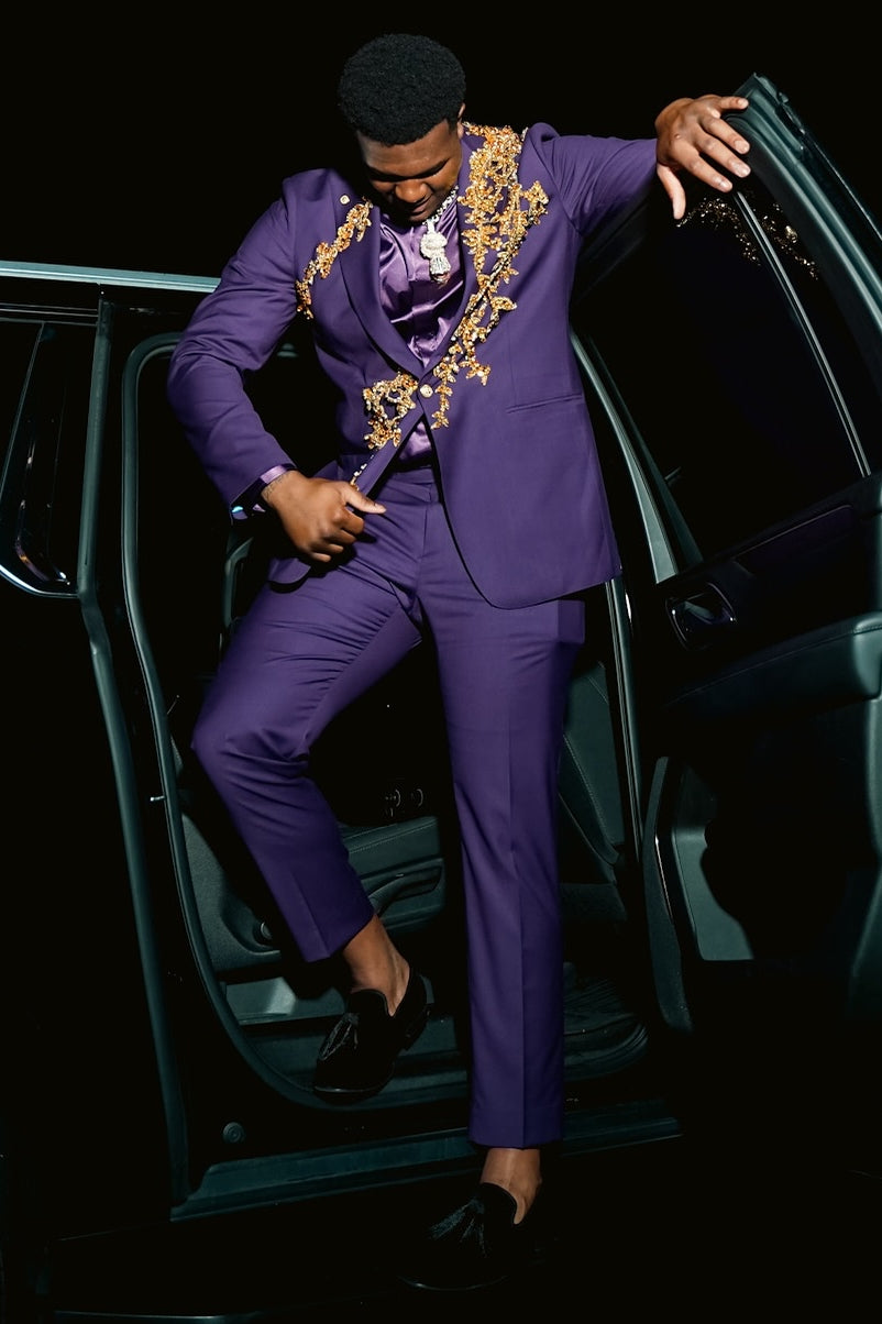 Well-Fitted Purple Prom Suit with Gold Beadings Appliqué