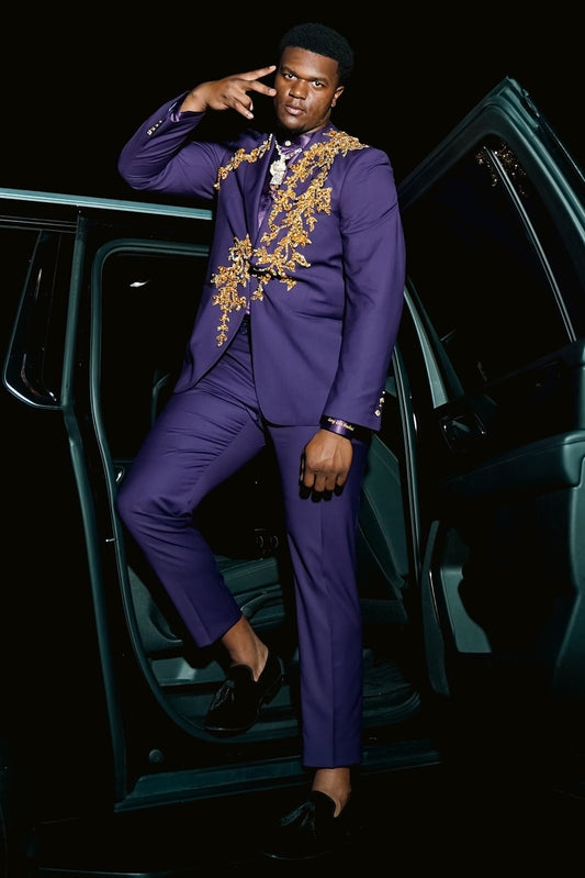 Well-Fitted Purple Prom Suit with Gold Beadings Appliqué