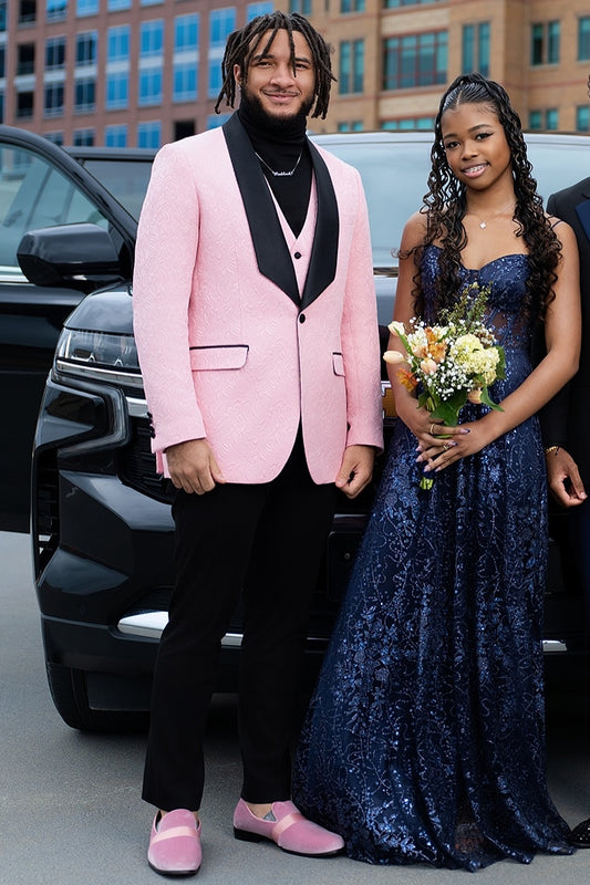 Pink Jacquard Black Satin Lapel 3 Piece Prom Suit