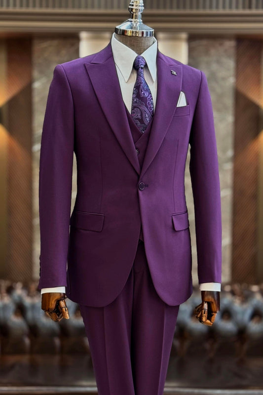 Special Grape Purple 3 Piece Peaked Lapel Formal Business Suit