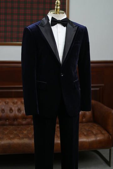 Dark Blue Velvet One Button Prom Men Suit with Silk Lapel
