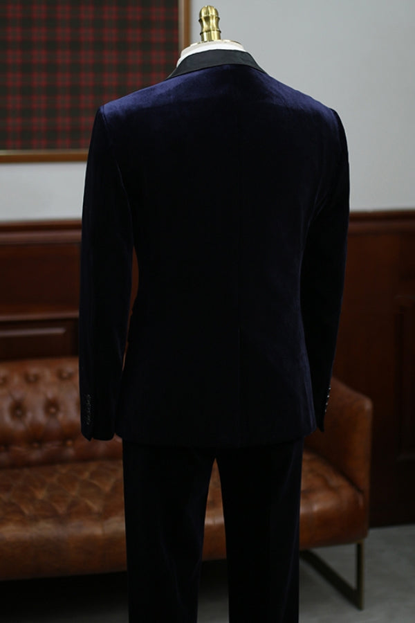 Dark Blue Velvet One Button Prom Men Suit with Silk Lapel