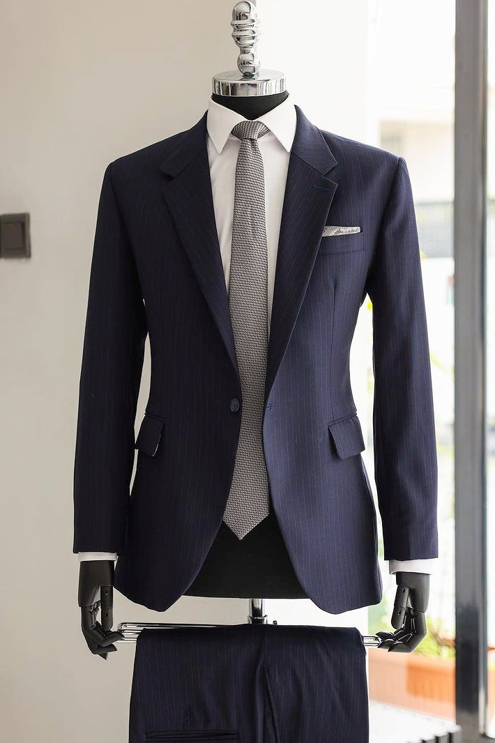 Classic Navy Blue Pinstripe Two Piece Men's Formal Business Suit