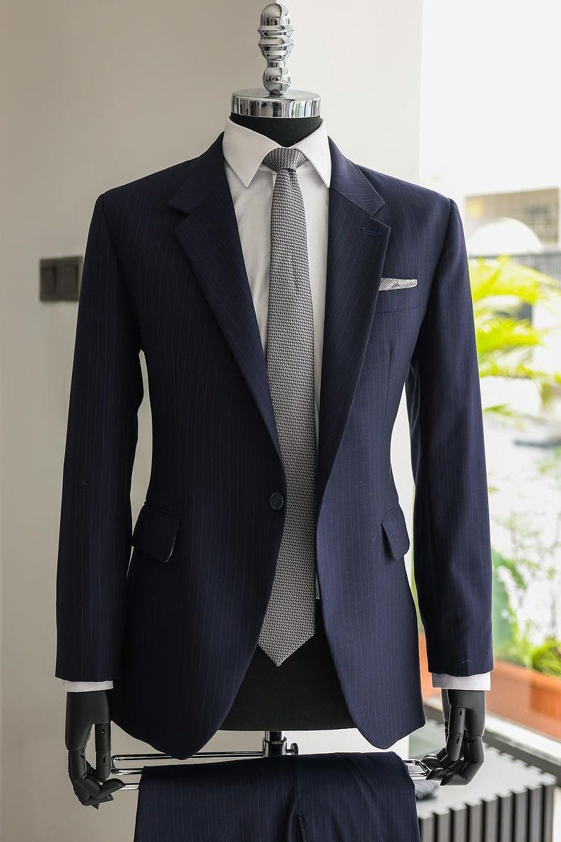 Classic Navy Blue Pinstripe Two Piece Men's Formal Business Suit