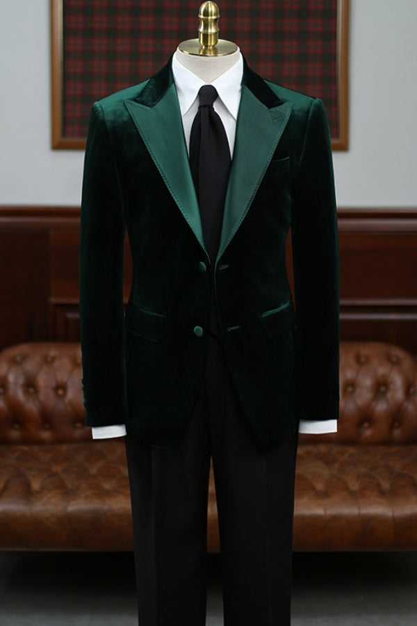Dark Green Velvet Two Buttons Peaked Lapel Prom Men Suit