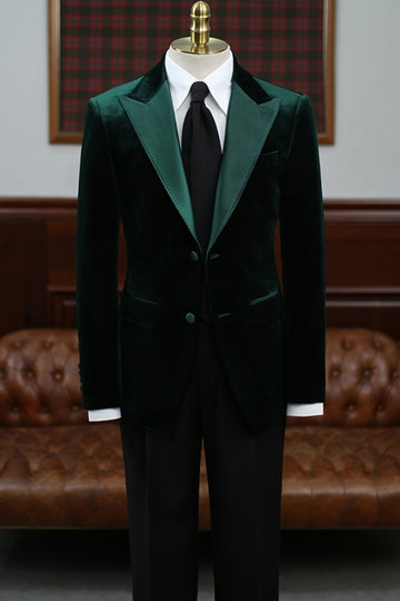 Dark Green Velvet Two Buttons Peaked Lapel Prom Men Suit