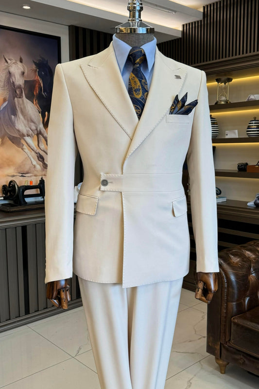 Fashionable Off White Peaked Lapel Men's Suit with Belt Button
