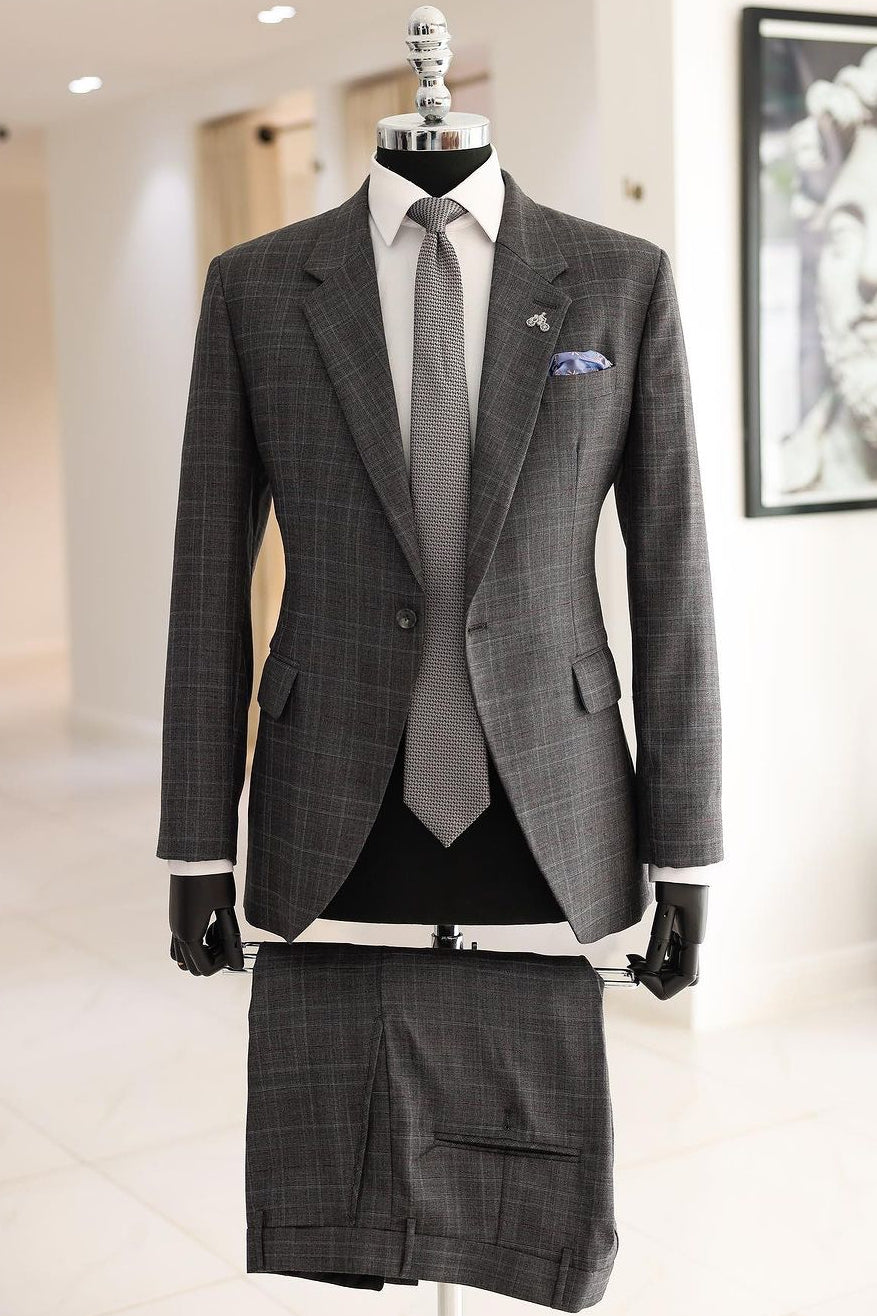 Composed Plaid Notched Lapel Gray Men's Formal Business Suit