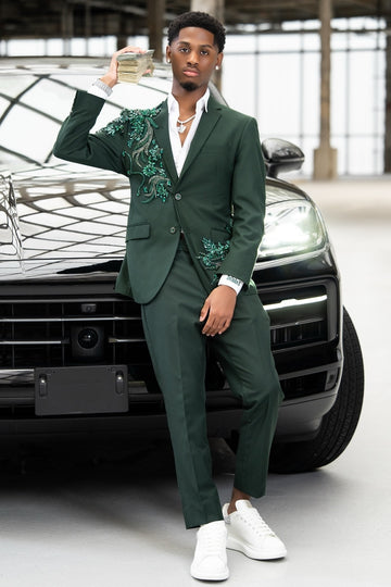 Modern Narrow Lapel Dark Green Beadings Crystals Prom Suit