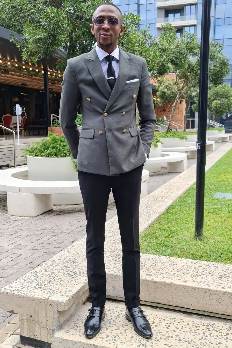 Formal Gray Double Breasted Business Suits with Black Pants