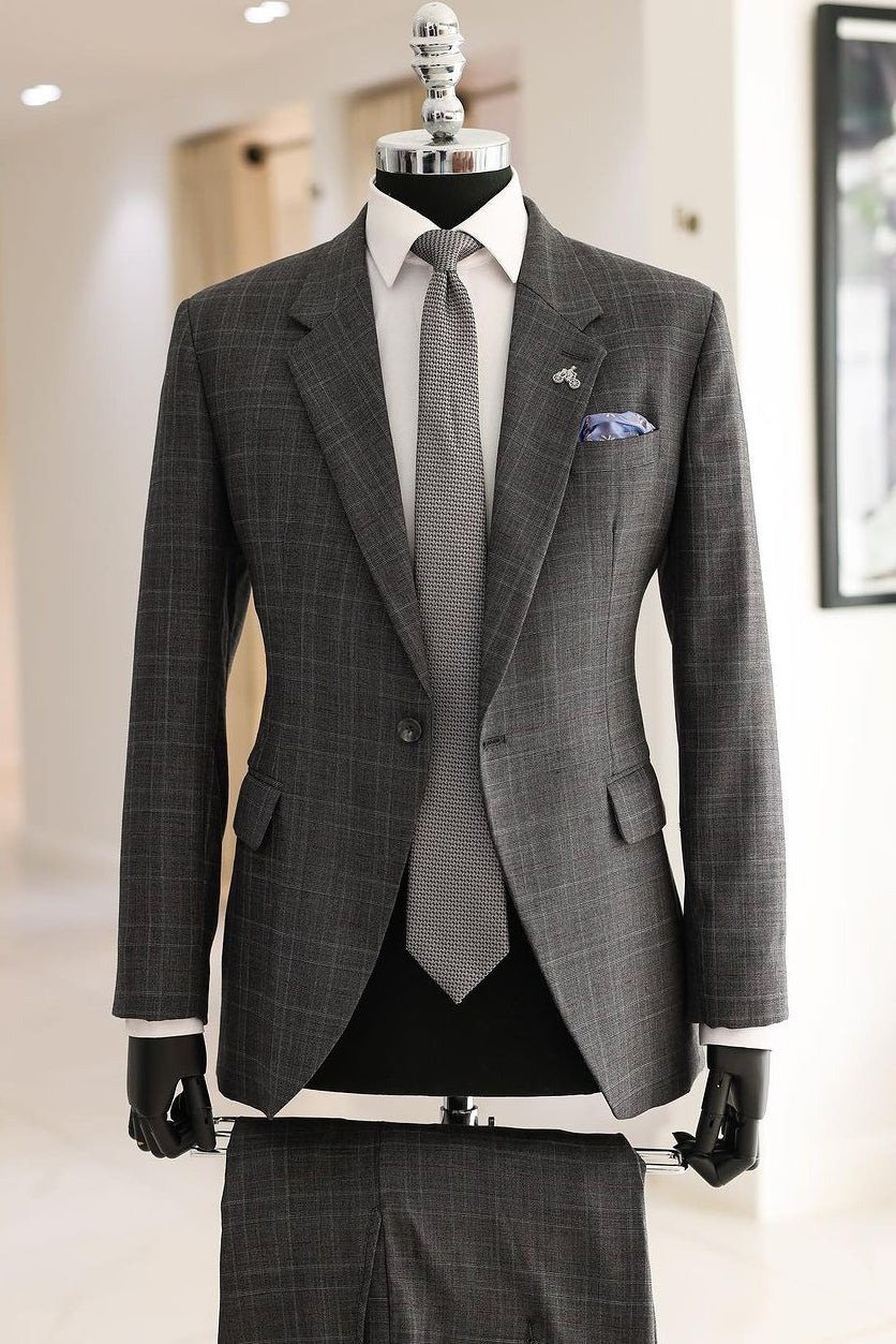Composed Plaid Notched Lapel Gray Men's Formal Business Suit