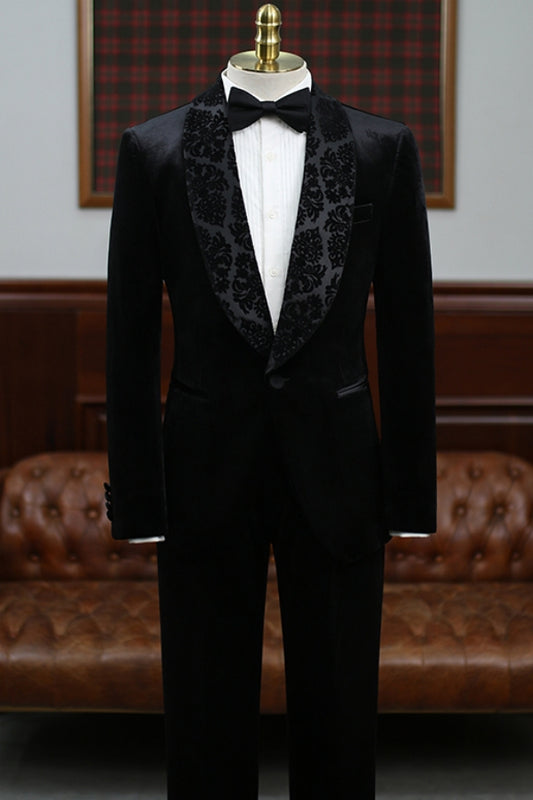 Black Velvet Bespoke Wedding Groom Suit with Jacquard Lapel