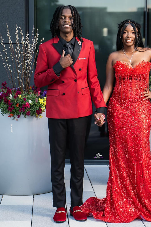 Simple Double Breasted Satin Lapel Red Prom Suit with Black Pants