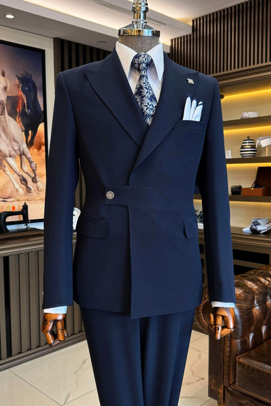 Latest Design Navy Blue Belt One Button Peaked Lapel Fashion Suit