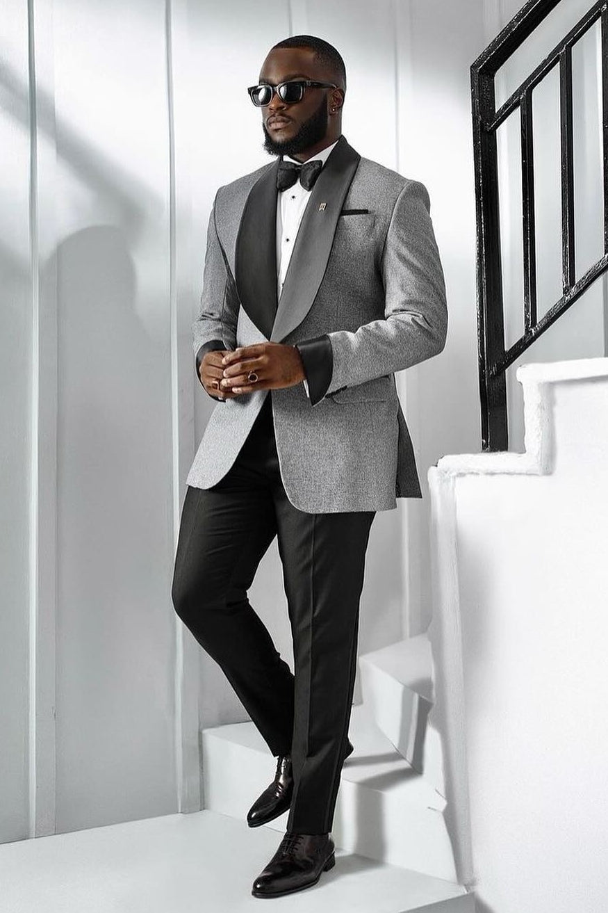 Elegant Silver Shawl Lapel Slim Fit Wedding Groom Suits